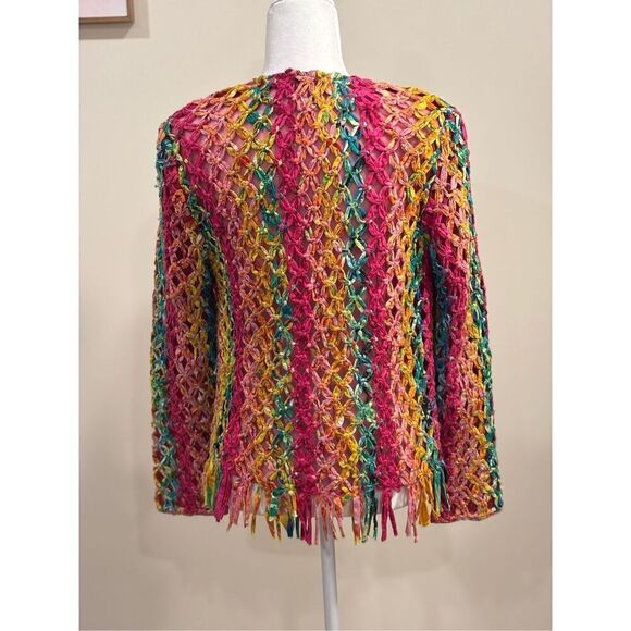 Vintage/Vtg Sandy Starkman Women's Knotted Woven Mesh Fringe Coat Multicolor Sma - Picture 4 of 5